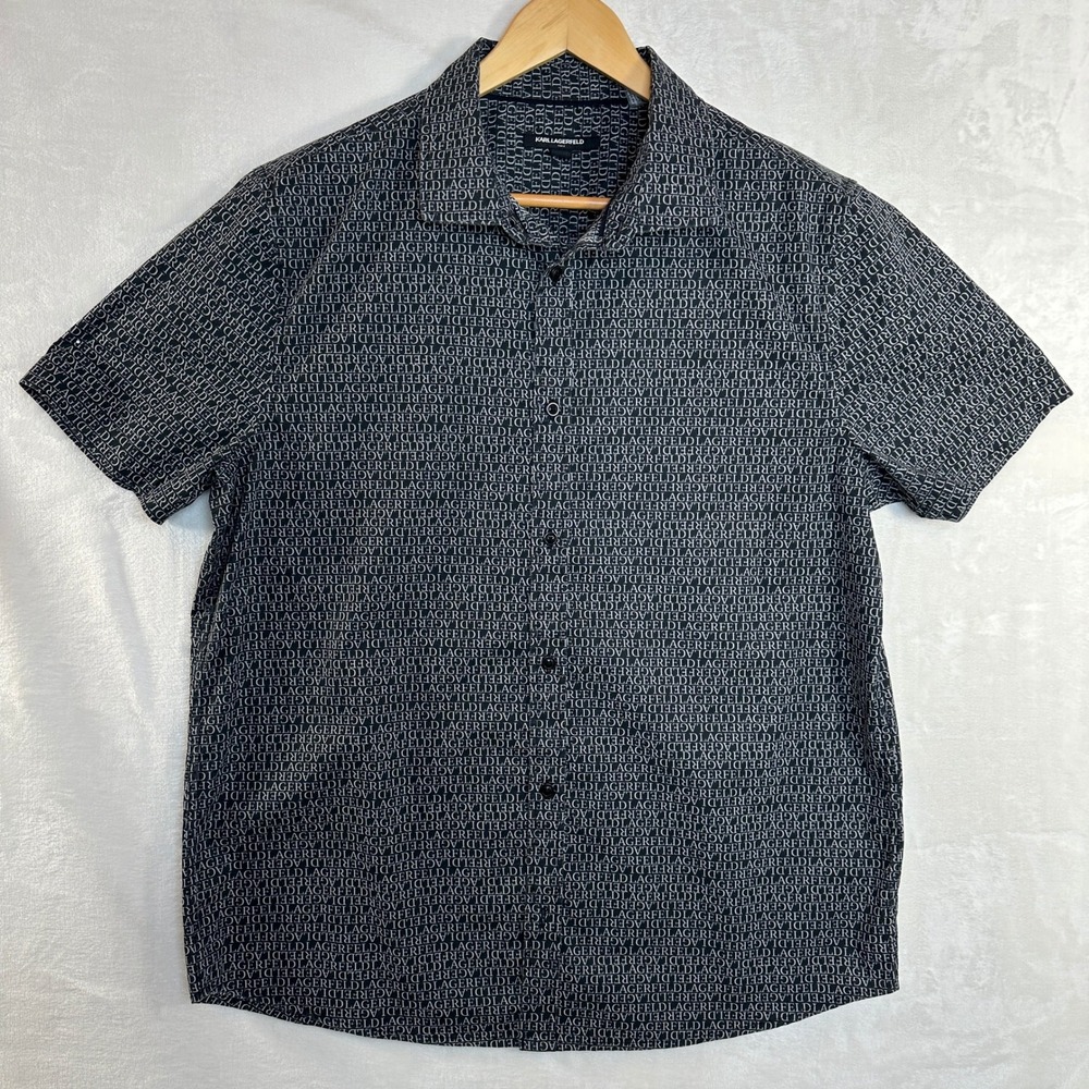Karl Lagerfeld Paris Button Down Shirt Mens Large Black All over Logo Short Slv